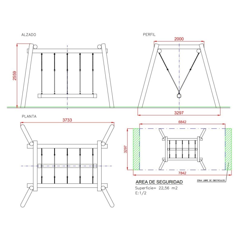 Columpio de madera de robínia TAULL con barra oscilante