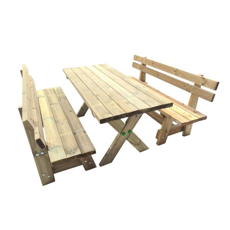 Taula de fusta XERTA amb bancs amb respatller VIC per a l'exterior