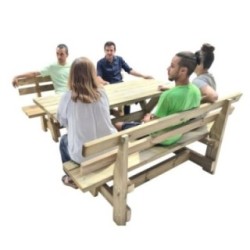 Taula de fusta XERTA amb bancs amb respatller VIC per a l'exterior