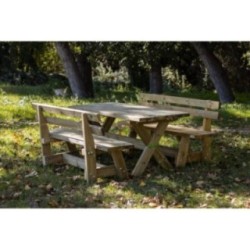 Taula de fusta XERTA amb bancs amb respatller VIC per a l'exterior