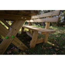 Taula de fusta XERTA amb bancs amb respatller VIC per a l'exterior