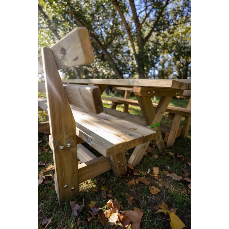 Taula de fusta XERTA amb bancs amb respatller VIC per a l'exterior