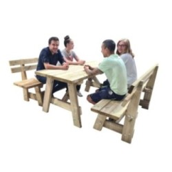 Mesa de madera ZURICH con bancos con respaldo VIC