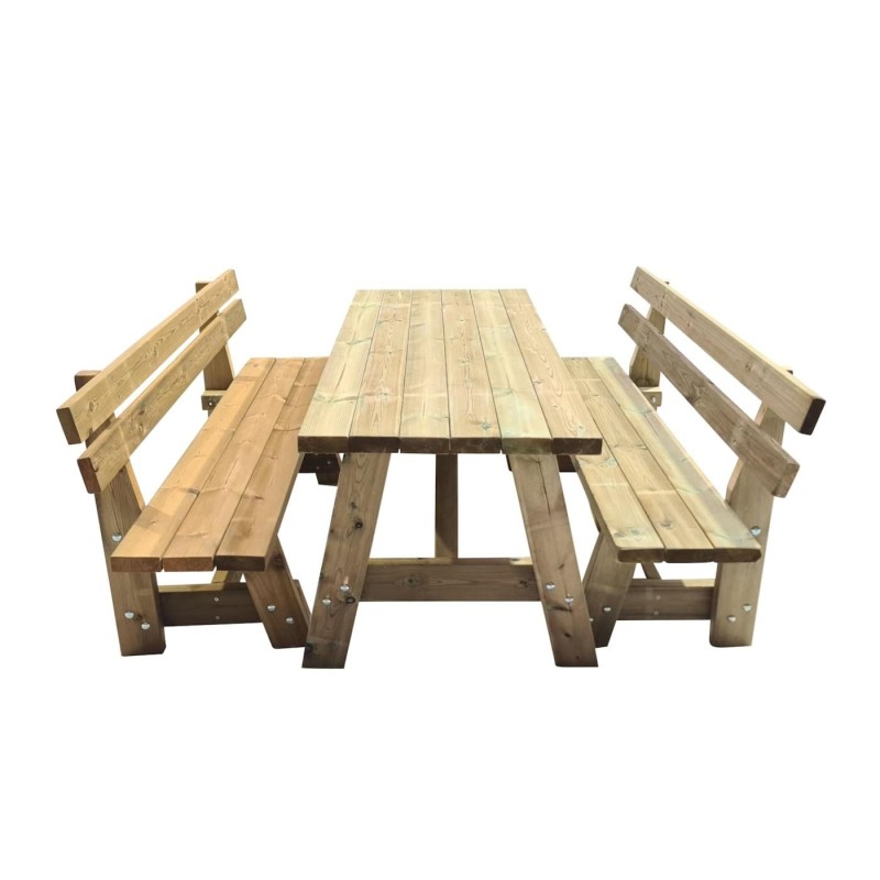 Mesa de madera ZURICH con bancos con respaldo VIC