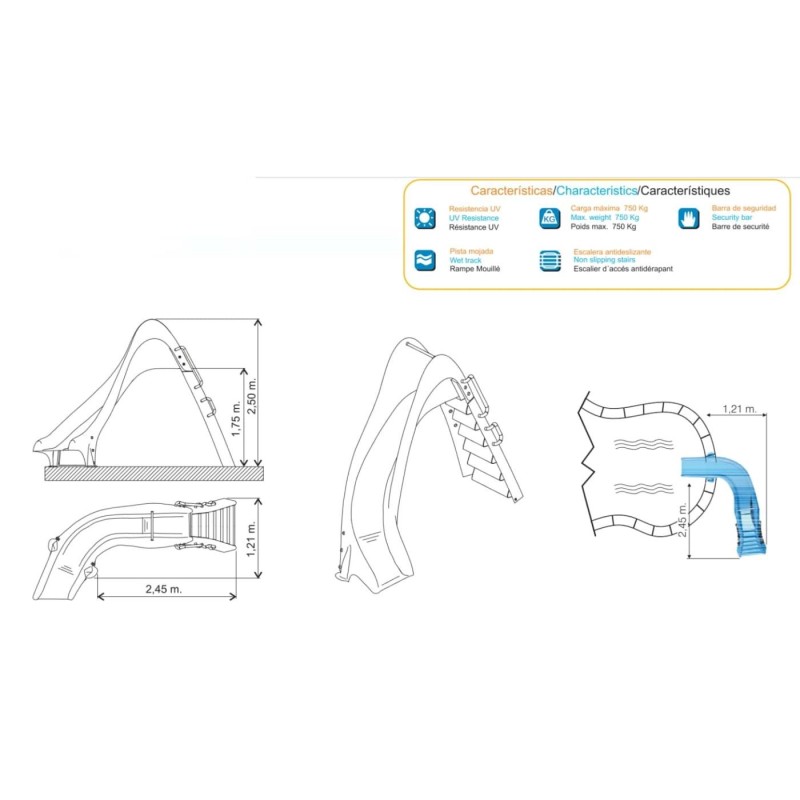 Tobogán acuático de piscina Curvado 175 (derecha o izquierda)