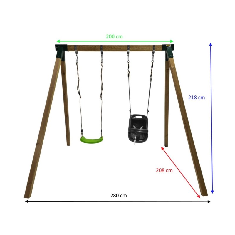 Columpio doble madera cuadrada Masgames KARAI JUNIOR XL + asiento bebé