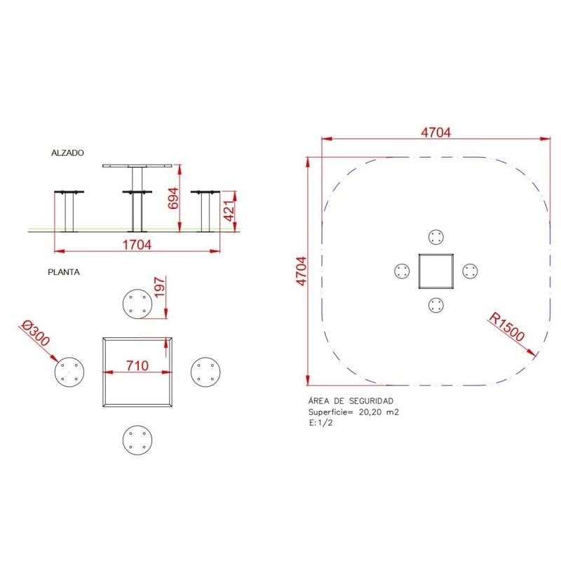 Mesa de 3 en Raya de exterior con 4 asientos