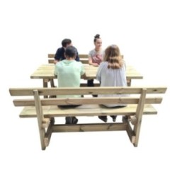 Taula de fusta XERTA amb bancs amb respatller VIC per a l'exterior