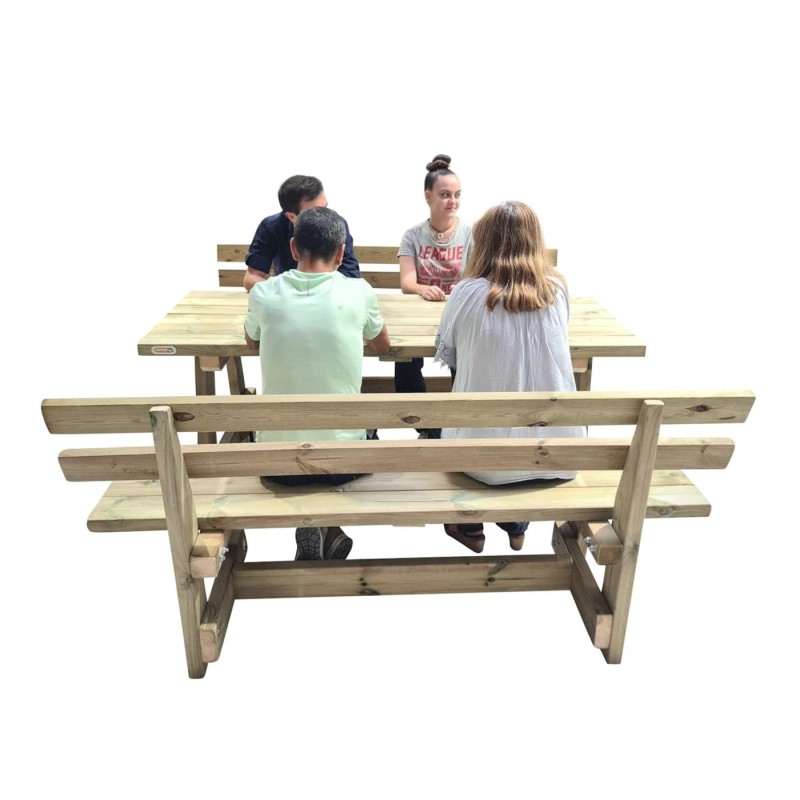 Taula de fusta XERTA amb bancs amb respatller VIC per a l'exterior