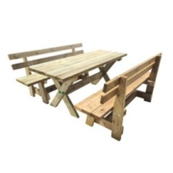 Taula de fusta XERTA amb bancs amb respatller VIC per a l'exterior