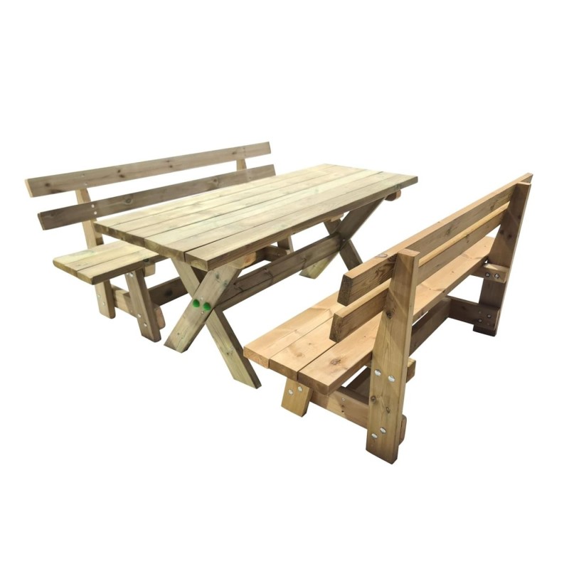Taula de fusta XERTA amb bancs amb respatller VIC per a l'exterior