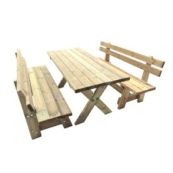 Taula de fusta XERTA amb bancs amb respatller VIC per a l'exterior