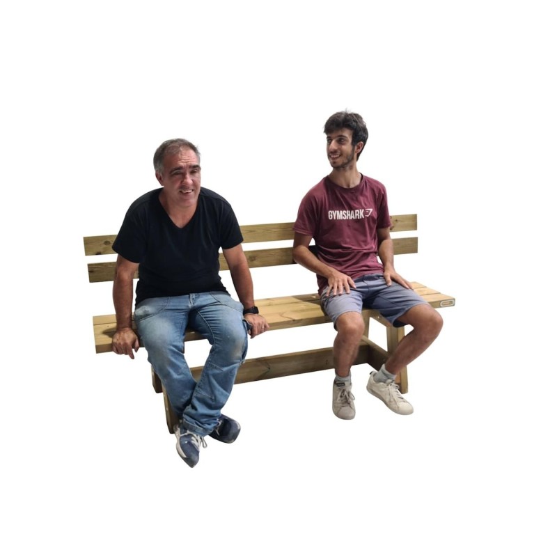 Taula de fusta XERTA amb bancs amb respatller VIC per a l'exterior