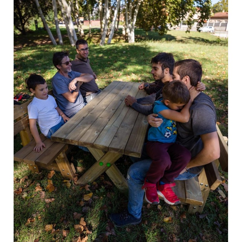 Taula de fusta XERTA amb bancs amb respatller VIC per a l'exterior