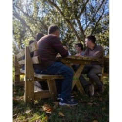 Taula de fusta XERTA amb bancs amb respatller VIC per a l'exterior