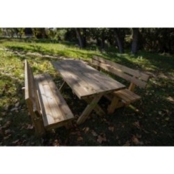 Taula de fusta XERTA amb bancs amb respatller VIC per a l'exterior