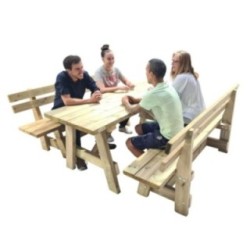Mesa de madera ZURICH con bancos con respaldo VIC