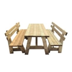 Mesa de madera ZURICH con bancos con respaldo VIC